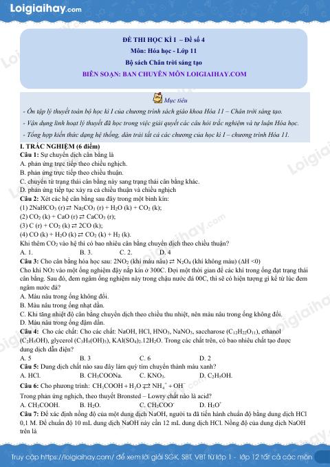 Đề thi giữa kì 1 Hóa 11 Chân trời sáng tạo - Đề số 4